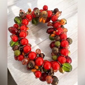 RARE VTG MCM Glass Beaded Cha Cha Stretch WlExpansion Bracelet Orange Red Green